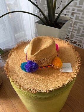 Kids Straw Sun Hat with Colorful Pom-Pom Trim - Natural